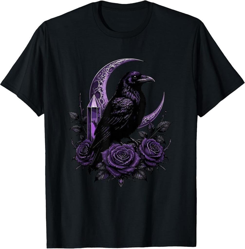 Mystical Raven and Moon Design T-Shirt with Purple Roses