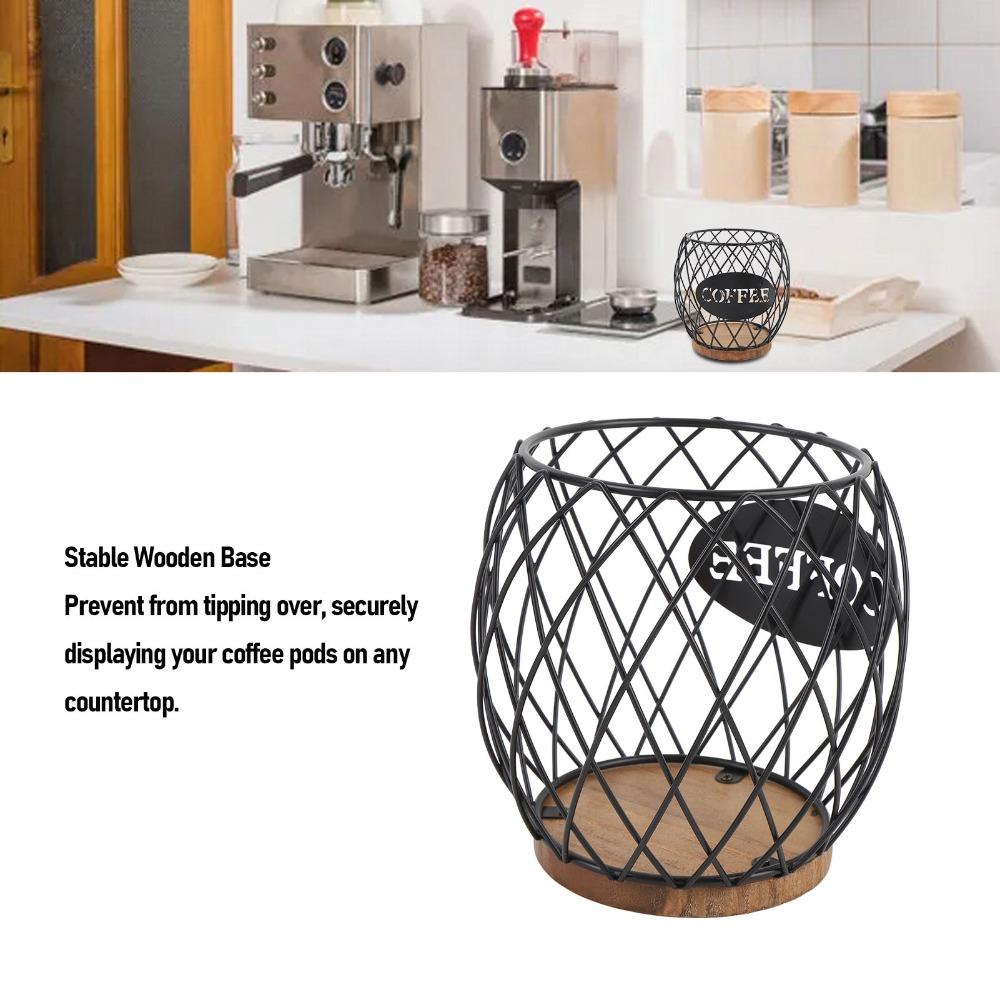 Large Capacity Coffee Pod Holder Wire Wooden Base Coffee Pod Storage Basket Easy Access Stylish Look Desktop Coffee Pod Storage