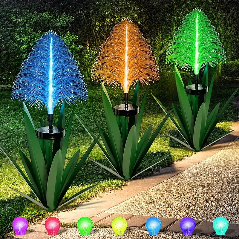 Metal Outdoor Decoration Gift Metal Agave Plants Outdoor Decor, Metal Agave Yard Art Garden Lights Solar Outdoor, 7 Color Changing Garden Yard