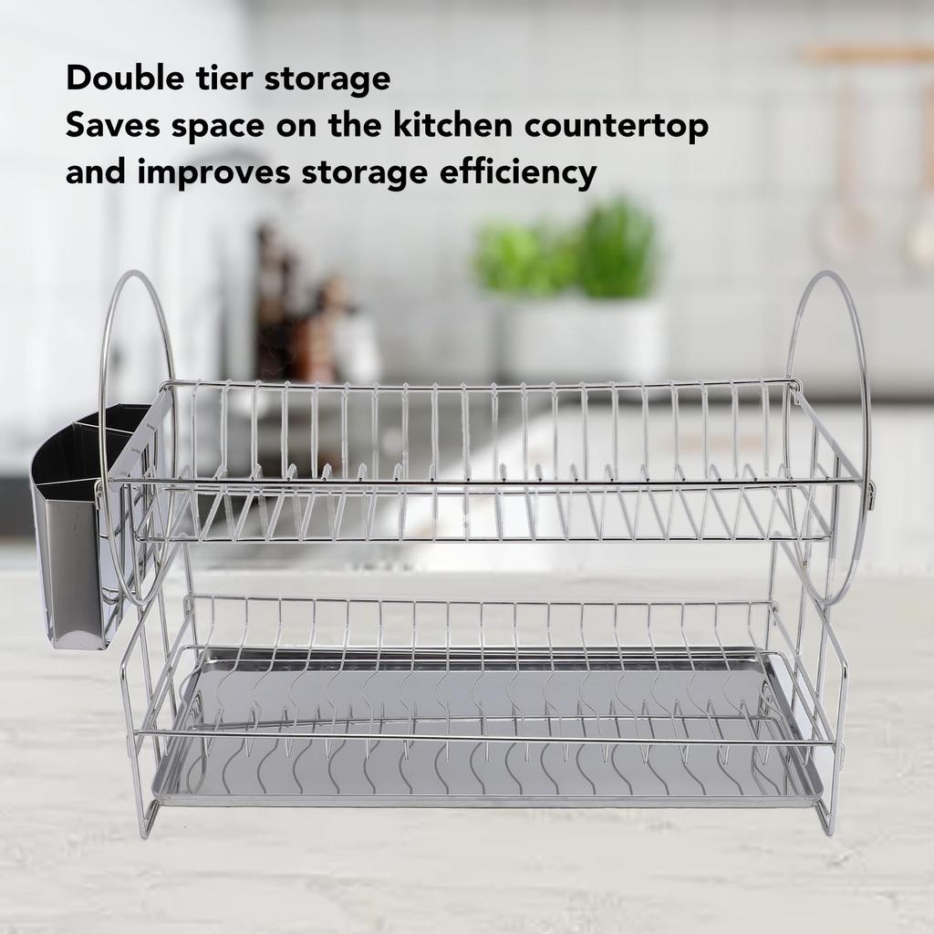 2 Tier Dish Drying Rack Stainless Steel Double Layers Dish Drainer with Cutlery Holder for Kitchen Storage