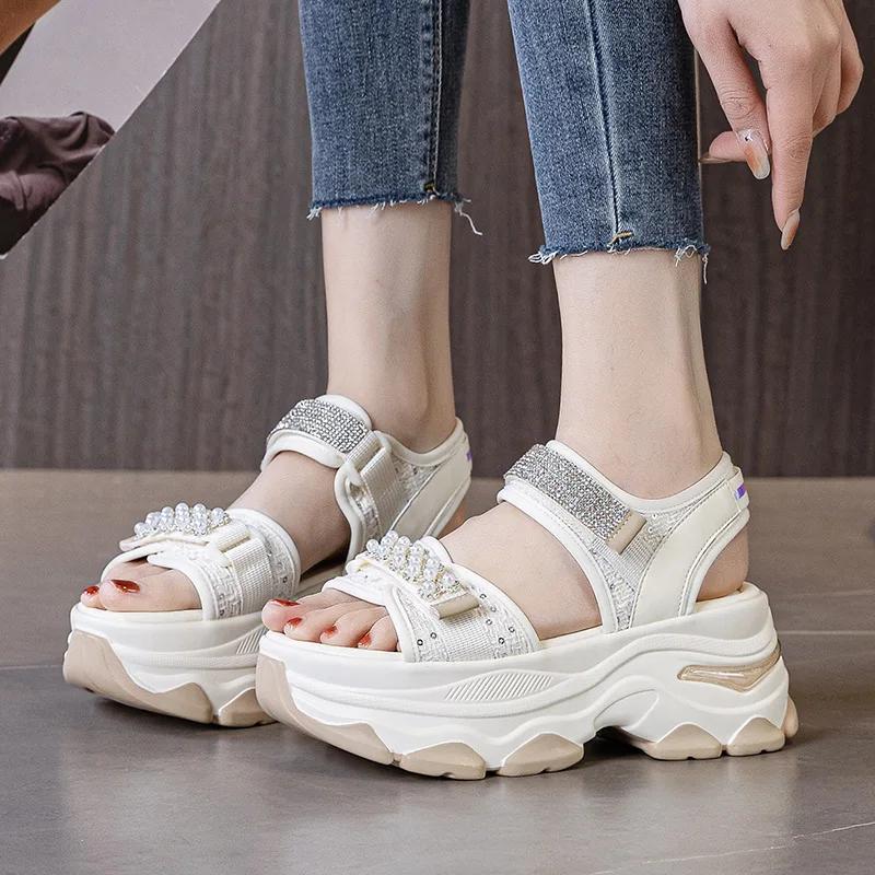 Fashion 7CM Cloth Synthetic Leather Sandals Flat Women Slippers Pumps Platform Wedge Hook Summer Hollow Fashion Bling Peep Toe Shoes