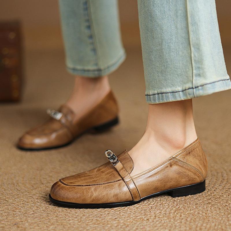 New Comfortable Casual Lazy Shoes Leather Shallow Mouth Low-top Single Shoes Women's Round Head Beef Tendon Soft Sole Shallow Mouth Large Size Wo