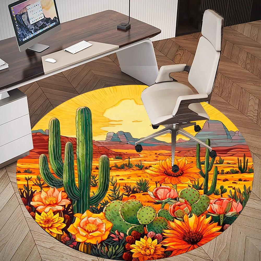 1 Stück Kaktus Wüste Büro Runder Teppich, Unter Bürostühlen Schlafzimmer Wohnzimmer Heimdekoration, Teppich für Büro, -1110253