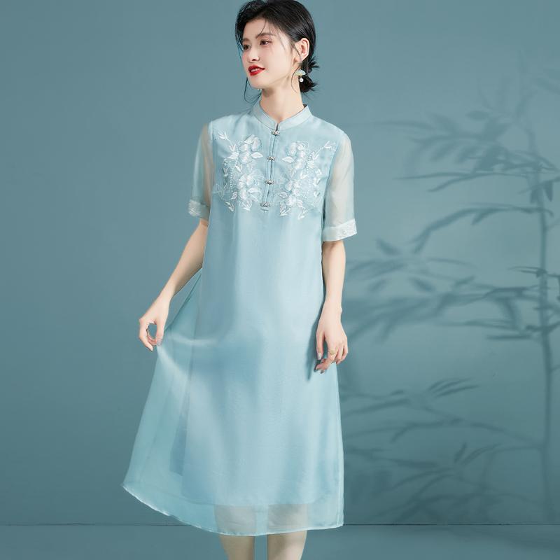 New Chinese Style Silk Dress with Embroidered Organza and Mulberry Silk for Summer