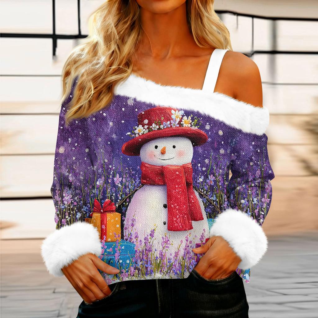 Women's Casual Fashion Sexy Off-Shoulder Collar Christmas Pattern Long Sleeve Crewneck T-Shirt Top