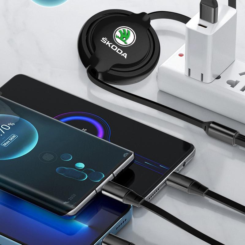 1Pcs Car Mounted Telescopic Three In One Mobile Phone Charger For Skoda Octavia Superb Rapid Kodiaq Karoq Fabia Kamiq Roomster Citigo