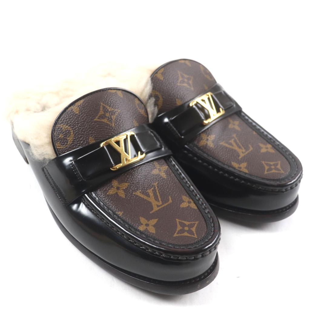 Louis Vuitton Sandals LV Logo Monogram Fur Mules Brown Monogram Canvas Mens 7 Used
