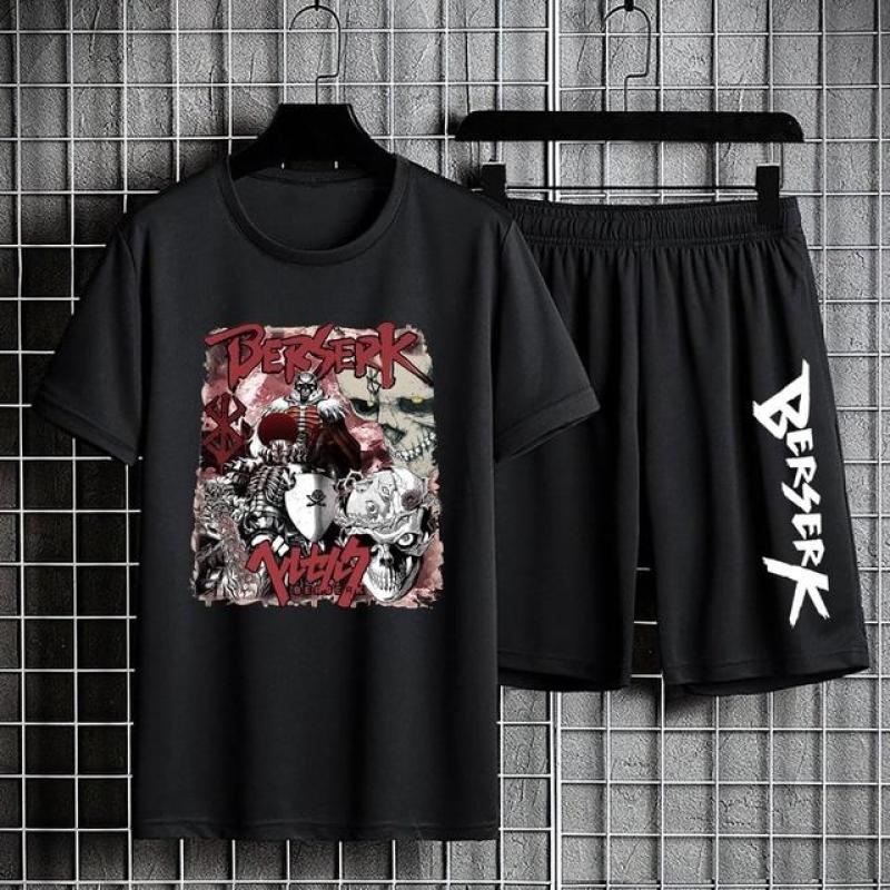 

Аніме Berserk Костюми-двійки Чорний спортивний костюм Повсякденний комплект 100% бавовна Сорочка з короткими рукавами Літні шорти на шнурках П’яті штани 5XL