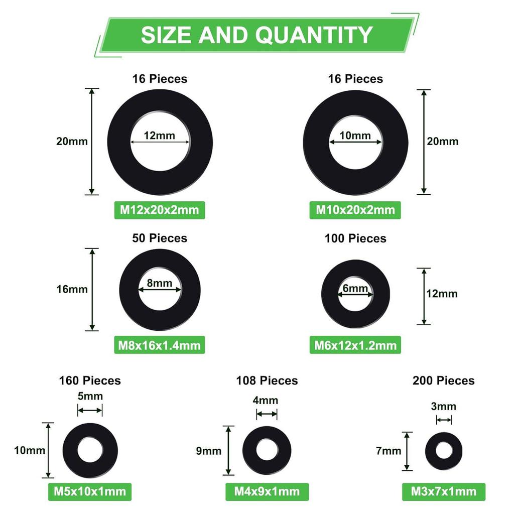 650-Piece Black Nylon Flat Washer Set with Insulating Gaskets
