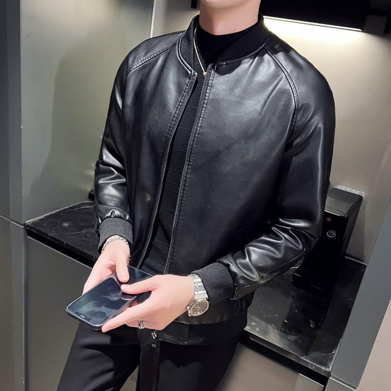 Mens Fleece Lined PU Leather Jacket Slim Fit Baseball Collar Motorcycle Biker Coat