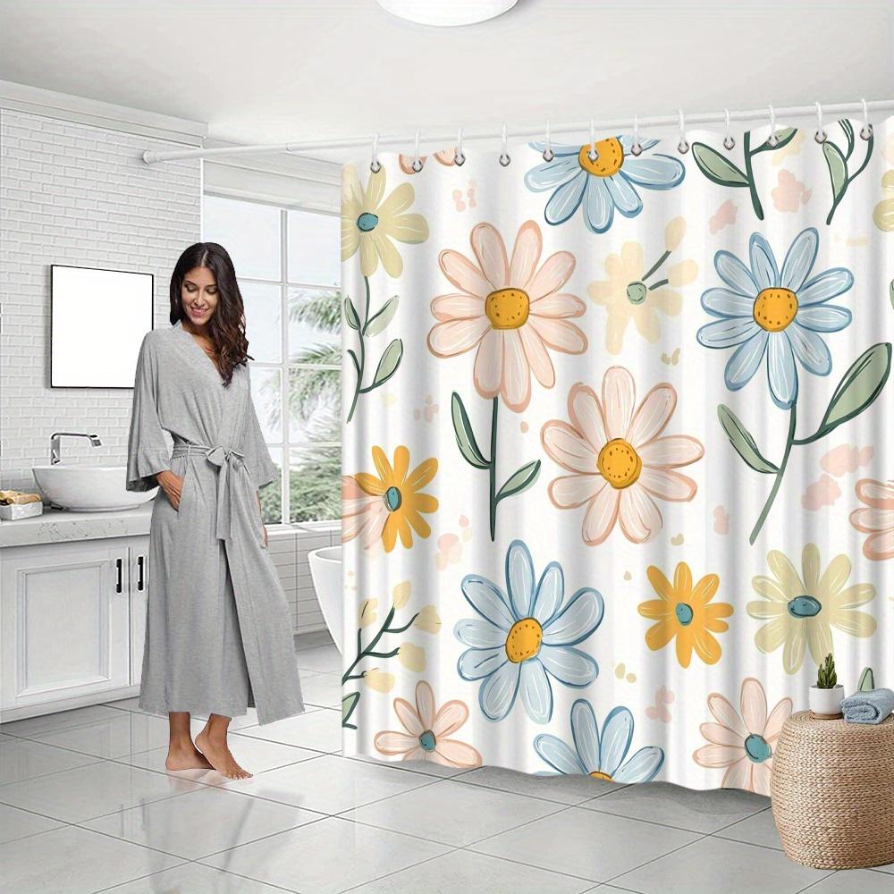 Whimsical Daisy Shower Curtain, Soft Pastel Floral Design, Yellow Centers, Polyester, Easy Installation, Bath Decor