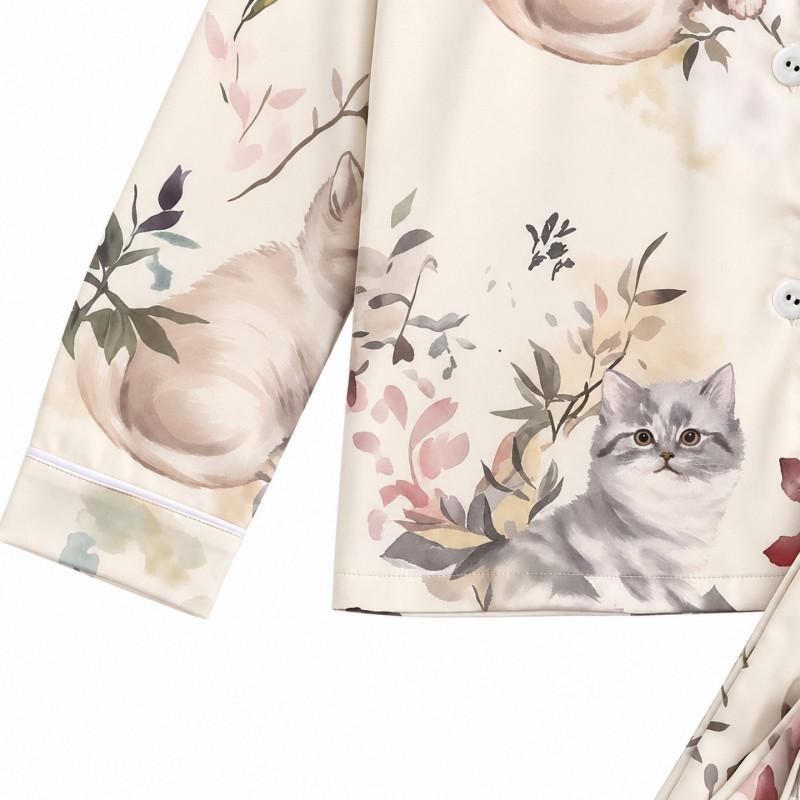 2026 Long Sleeve Cat Pajamas Set Middle-Aged Women Milk Silk Loungewear S-XL