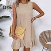 Summer Sundress Ruffle Hem Loose Sleeveless Round Neck Solid Color A-line Mini Dress for Beach Datings Vacation