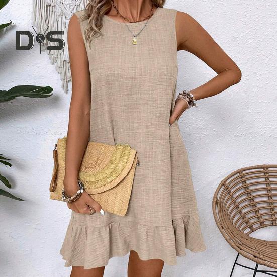 Summer Sundress Ruffle Hem Loose Sleeveless Round Neck Solid Color A-line Mini Dress for Beach Datings Vacation