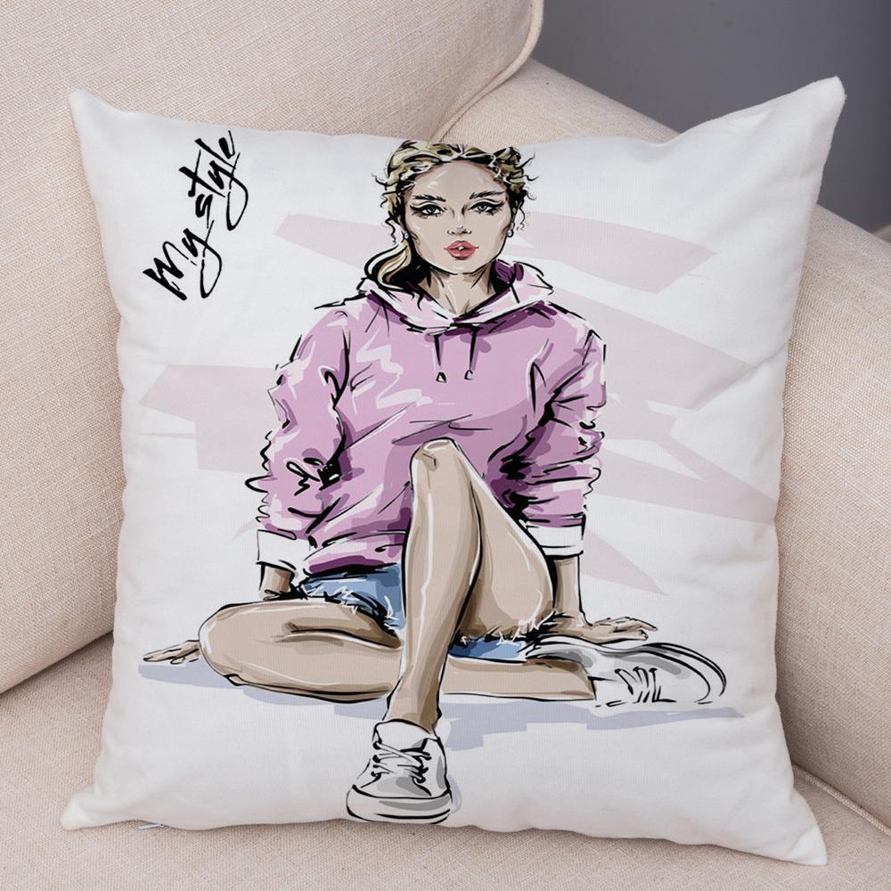 Boho Woman Art Pillowcase Double Print Fashion Lady Cushion Cover Soft Plush Portrait Pillowcase Bedroom Decor