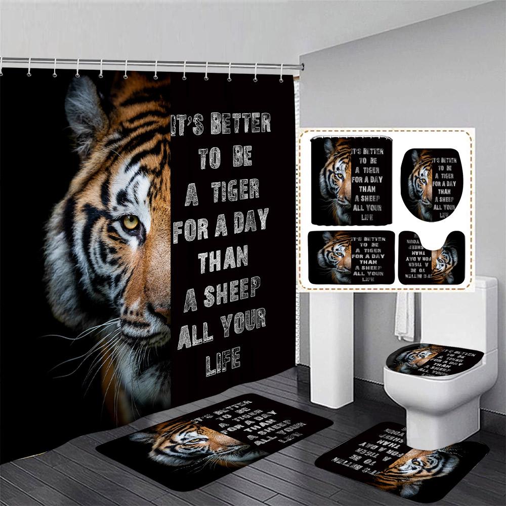 Black Lion Shower Curtain Set Wild Animal Motivational Quote Bathroom Curtains Non-Slip Bath Mat Rug Toilet Lid Cover Home Decor