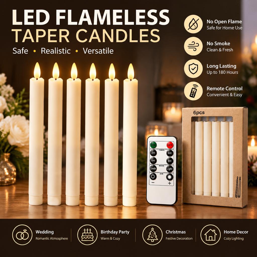 LED Electronic Candle Wavy Long Stem Remote Control Timer Smokeless Decor