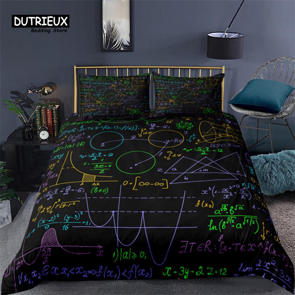 Math Equation Duvet Cover Set King Size Mathematics Formula Pattern Bedding Set For Boys Girls Polyester Educational Quilt Cover