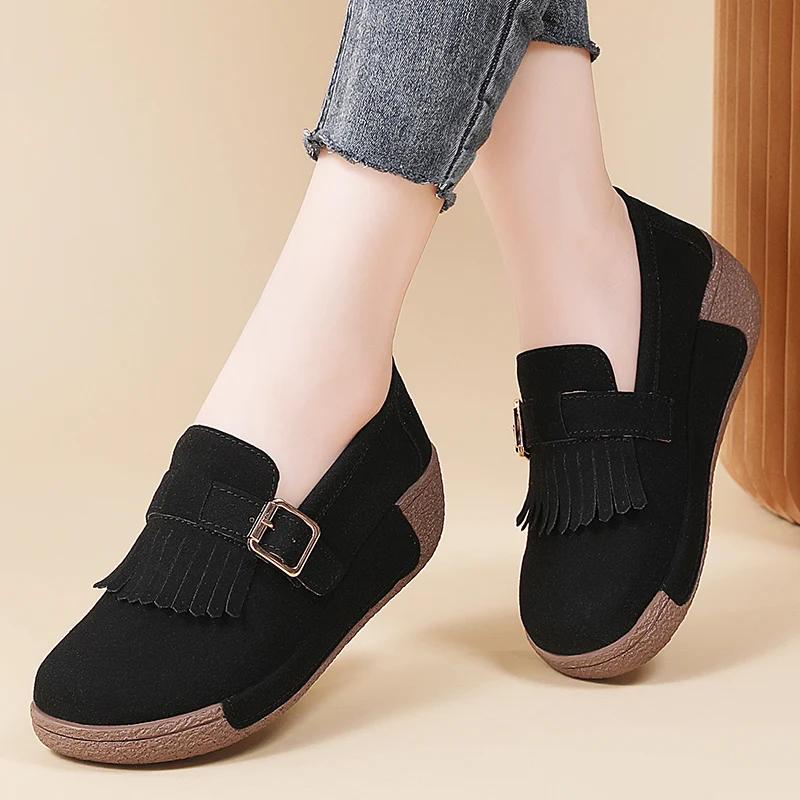 Fashion Thick Bottom Cow Suede Casual Shoes Women Platform Flats Flatform Loafers Sneakers Ladies Non-Slip Slip On Walking Shoes