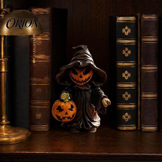 Halloween Wizard Figurine Witch Statue with Pumpkin, Cute in Pointed Hat & Black Robe, Resin Gothic 3D Carving Decoration Tabletop Decor for