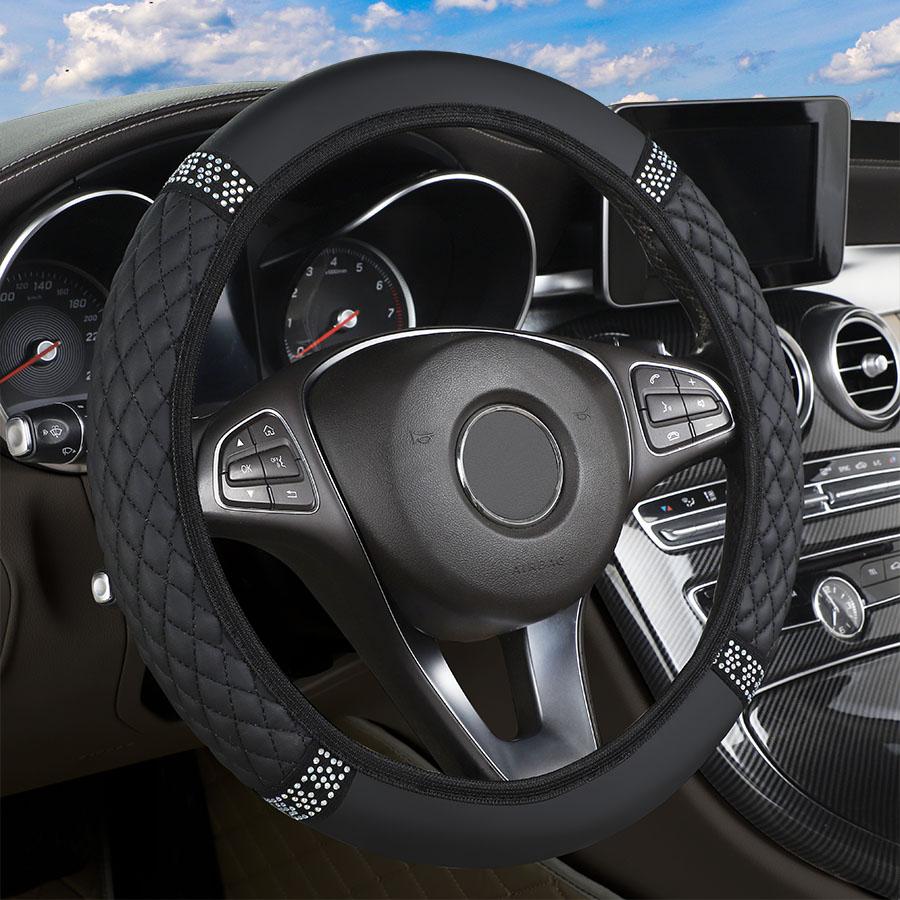 Universal Car Steering Wheel Cover 37-38cm Leather Embroidered Color Diamond-Studded Elastic Four Seasons Steering Wheel Cover