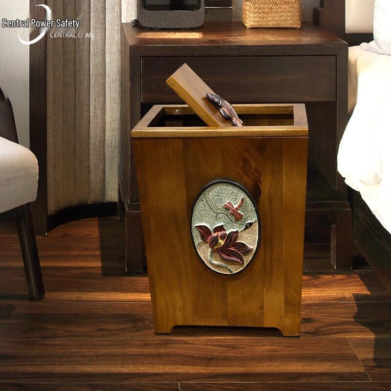 Zhonghuanlian Chinese Solid Wood Swing Lid Trash Can