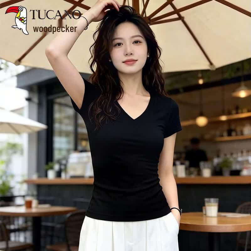 Woodpecker Women s V-Neck Short Sleeve T-Shirt S чёрный