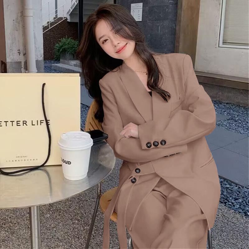 Women's Spring & Autumn Loose Fit Blazer and Wide-Leg Pants Set