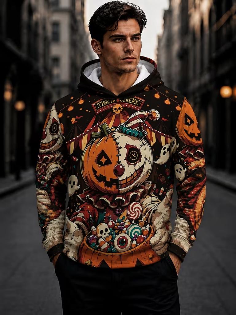 Felpe Halloween Uomo Gatto Nero Carino Cappello da Strega Fantasma Zucca Pipistrello Ragnatela Pullover Felpa con Cappuccio Felpa Festa Festiva Spettrale