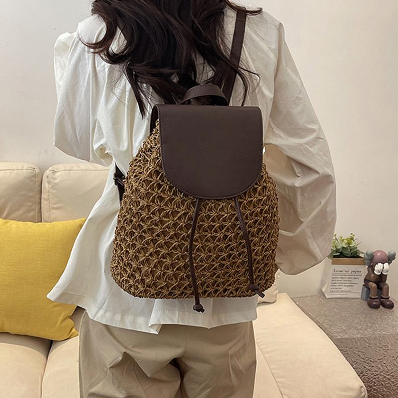 Summer Women Drawstring Straw Backpack Daypack Weaving Shoulder Bag Small Knapsack Mochila
