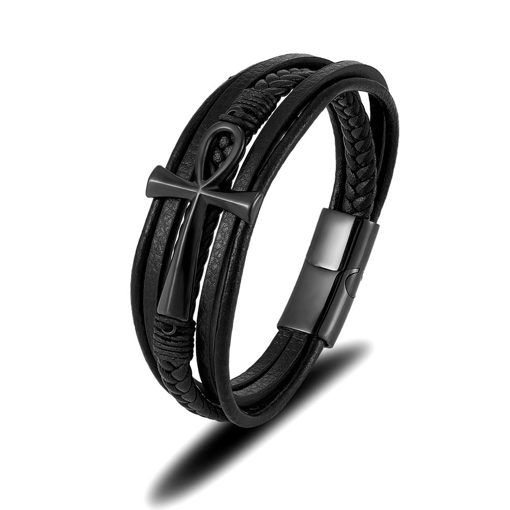 Simple Classic Cross Egyptian Ankh Life Symbol Antique Multilayer Leather Bracelet Men 316L Magnetic Clasp Wrap Bangle
