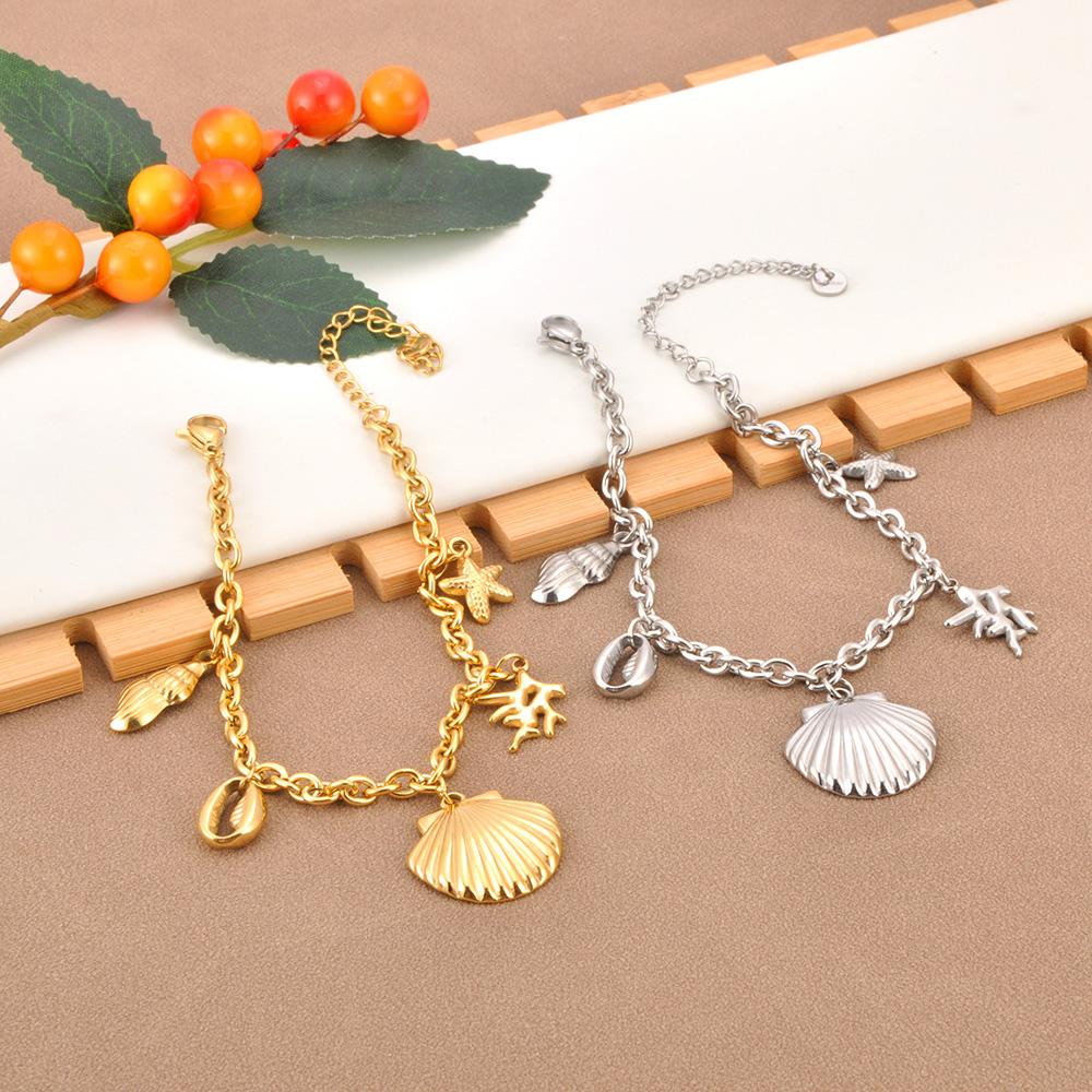 JeeMango Stainless Steel Shell Coral Starfish Pendant Bracelet for Women Personality 18K Gold Plated Ocean Style Jewelry B25134