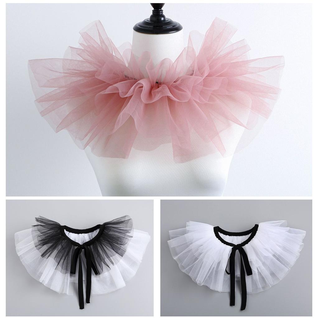 Women Tulle Ruffled Fake Collar Multi-Layered Mesh Clown Choker Lace-Up Ribbon Neck Ruff Shawl Fake Collar