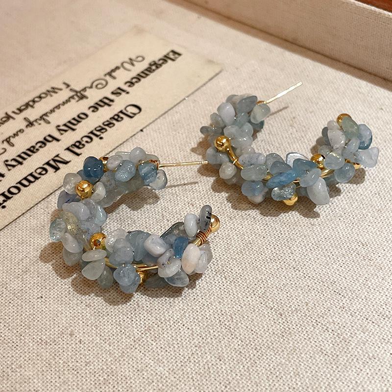 Silver needle round aquamarine stud earrings small fresh vacation style geometric earrings high sense fashion exquisite earrings
