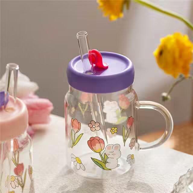 

Bubble Texture Glass Cup with Flower Rabbit Print Lid Straw Included For Home Milk Dessert Coffee Daily Use