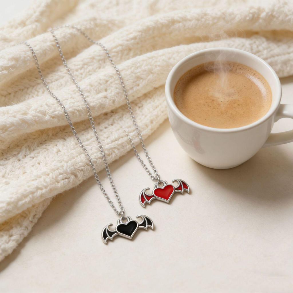 Red Heart Wing Necklace: Girly Bat Wing Pendant, Versatile Influencer Style
