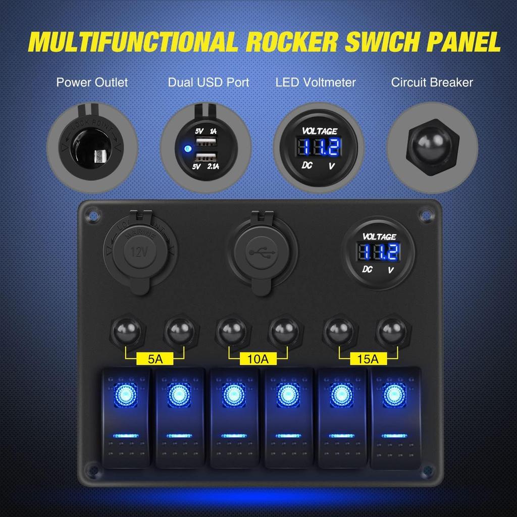6 Gang ON Off Rocker Switch Panel 12V Voltmeter Dual USB Charger 3.0 Cigar Lighter For RV Truck Boat