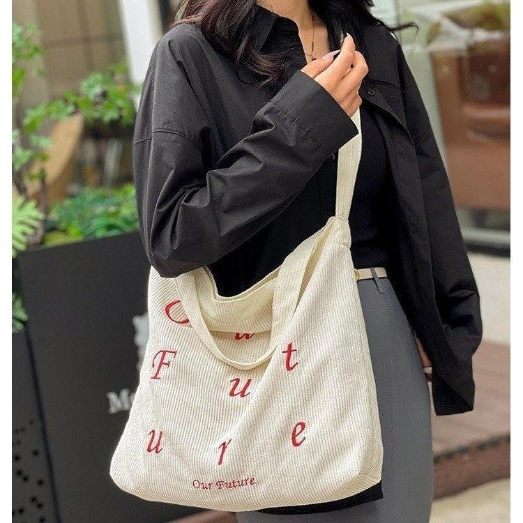 Niche Design Letter Bag Women's Embroidery Tote Cloth Bag, Korean Large-capacity Version Shoulder Bag Messenger Bag