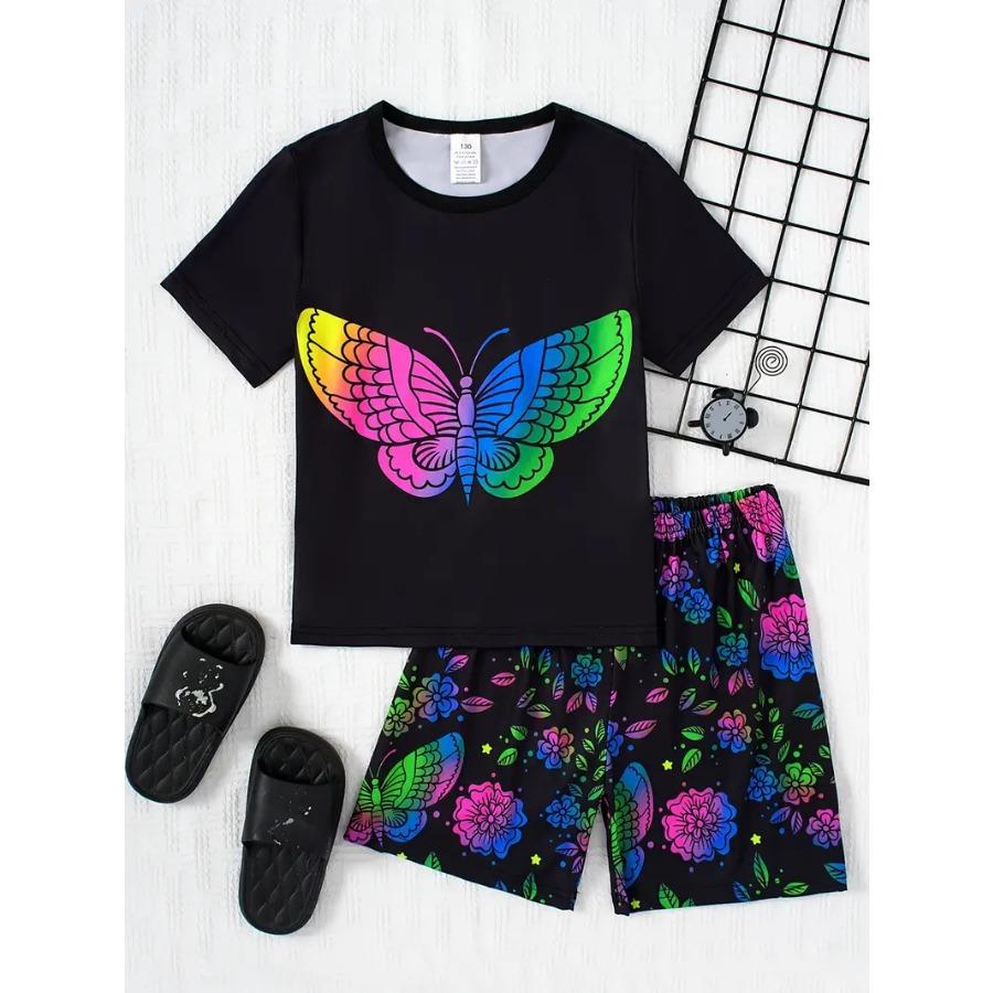 

Повседневный комплект для девочек, летние модные шорты с короткими рукавами и принтом в виде бабочек, комплекты одежды для девочек 160cm