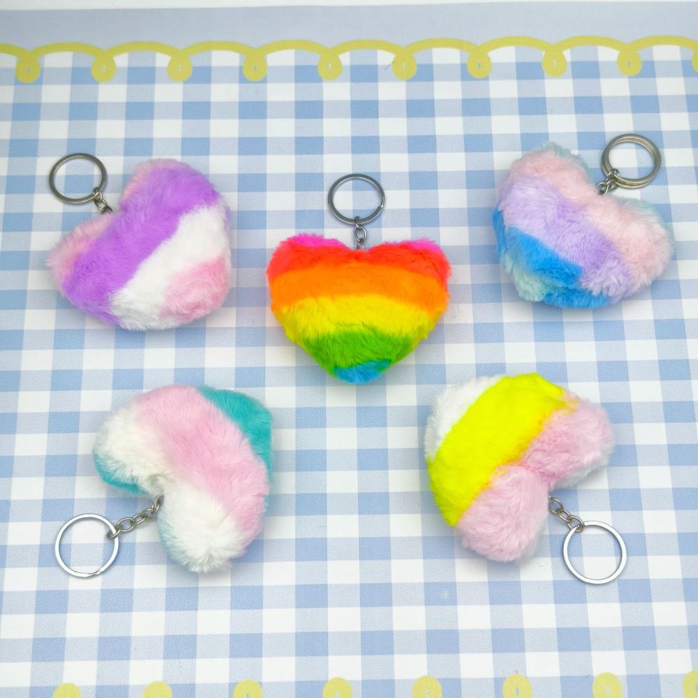 Cute Personalization Color Heart Shaped Fluff Pompomy Keychain Pendant Car Backpack Accessories Key Ring Boys and Girls Gift