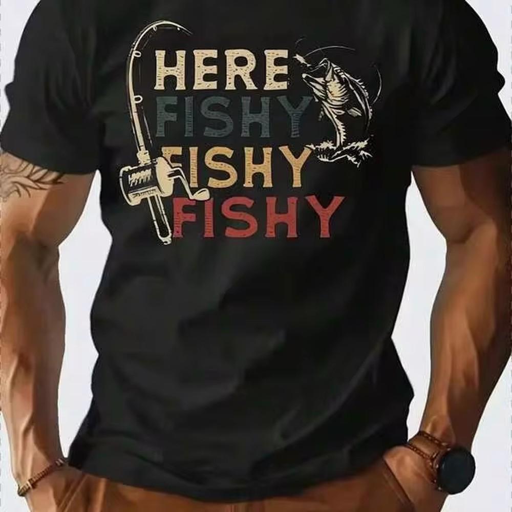180gsm Pure Cotton Unisexs Retro Fishing Graphic Tshirt With Here Fishy Fishy Print Casual Angler Style Ideal For Outdoor Lovers