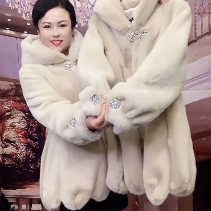 Neuer Nerzimitatmantel für Damen mit Kapuze, Jacke aus Nerzimitatfleece, Imitatfell, locker, große Größe, Winter