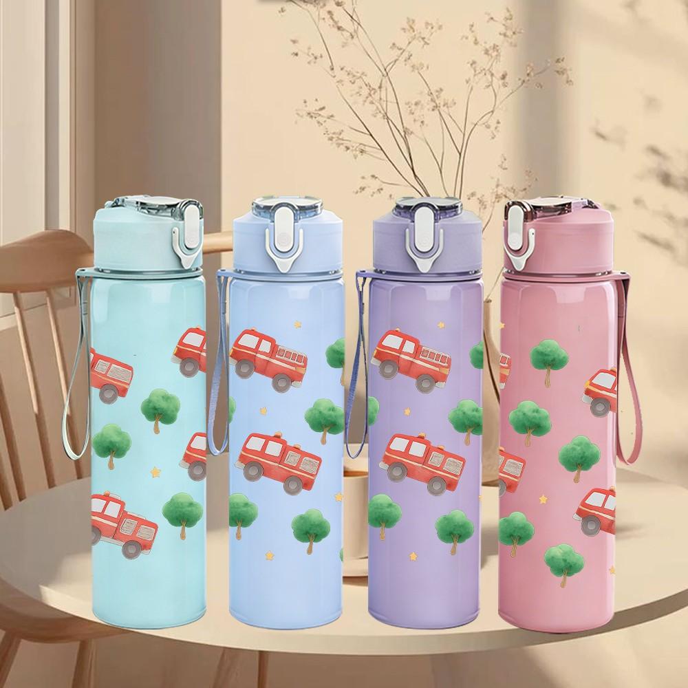 1PC Red Toy Truck Seamless Pattern 750ml Color Plastic Sports Water Bottle Leakproof Flip Straw Lid Suitable for Sports Office Home Use