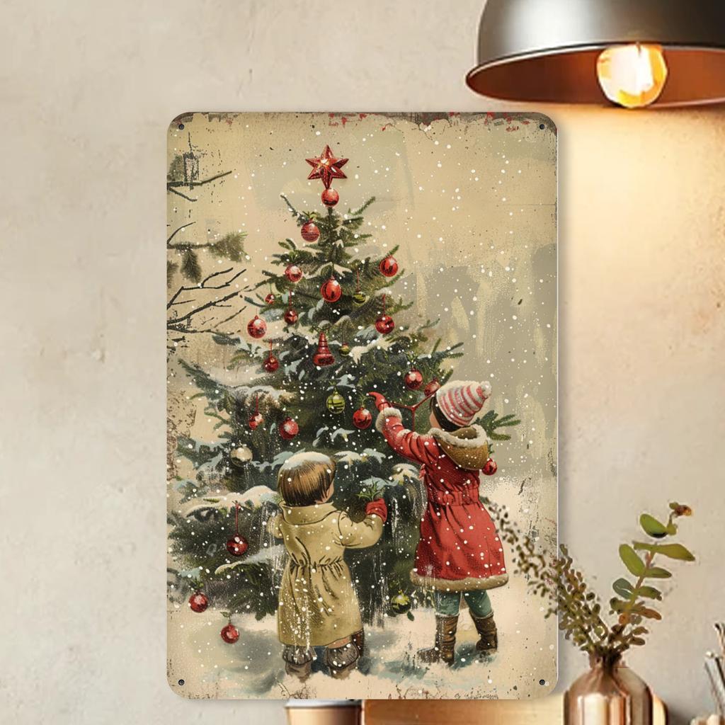 Vintage Christmas Tin Sign - Youngsters Decorating Tree In Snow, Cafe, or Garage, Festive Holiday Decor Perfect for Room Decor