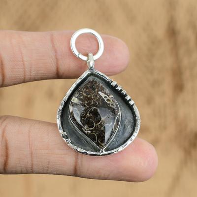 Marquise Natural Turritella Agate Ethnic Boho Sister Pendant 925 Sterling Silver