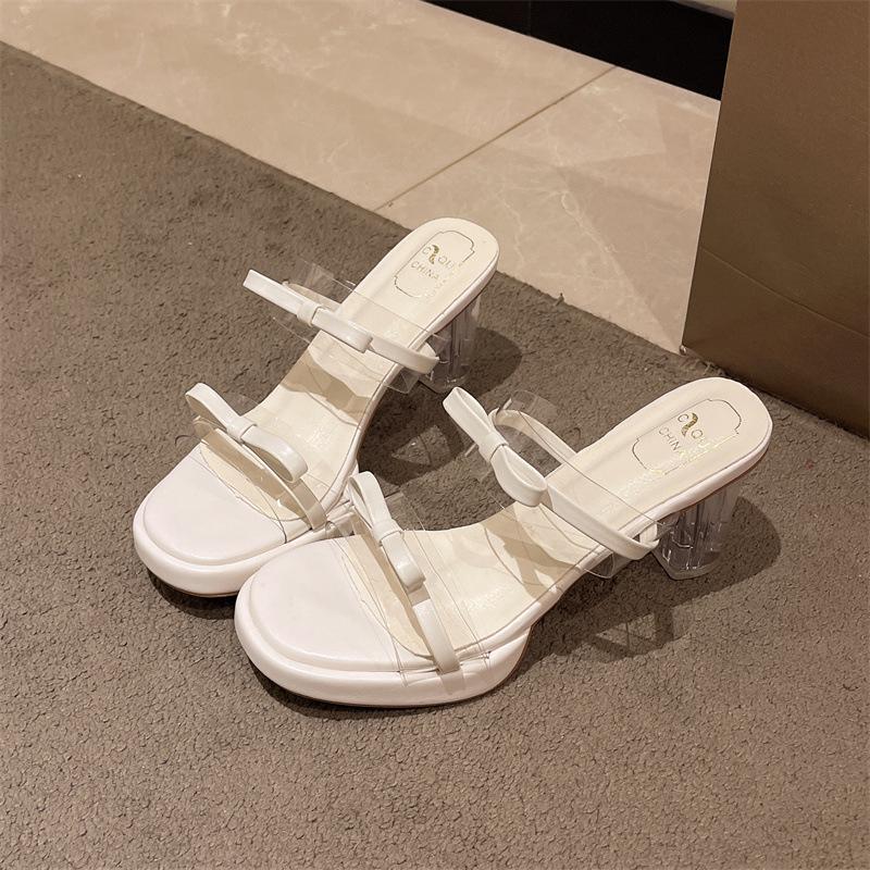 Silver Thick Heel One-word Cool Slippers Summer 2025 New Fairy Wind Open-toed Crystal Medium Heel Roman Slippers