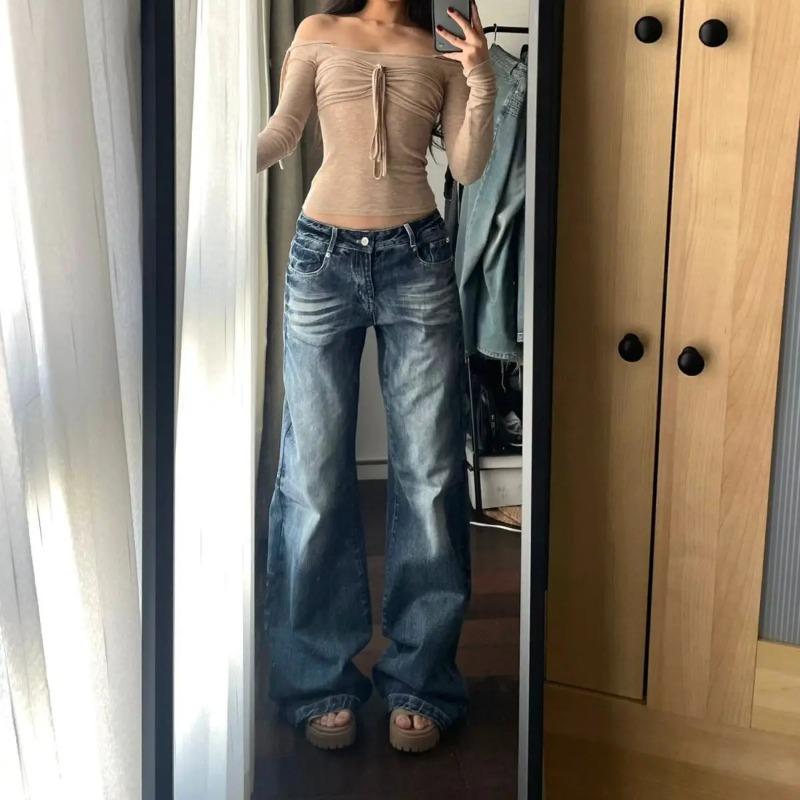 Y2k Vintage Wide Leg Jeans for Women Washed Casual High Waist Loose Denim Pants Streetwear Korean Straight Trousers