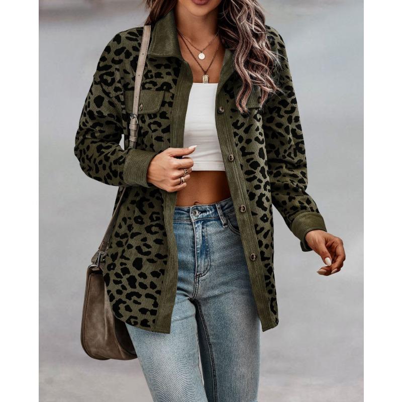 Plus Size Leopard Print Button-Up Jacket with Long Sleeves for Autumn/Winter