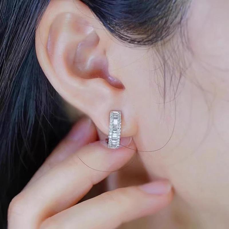 Silver Plated Baguette & Round CZ Huggie Hoop Earrings, Sparkling Pave Crystal Earrings for Women