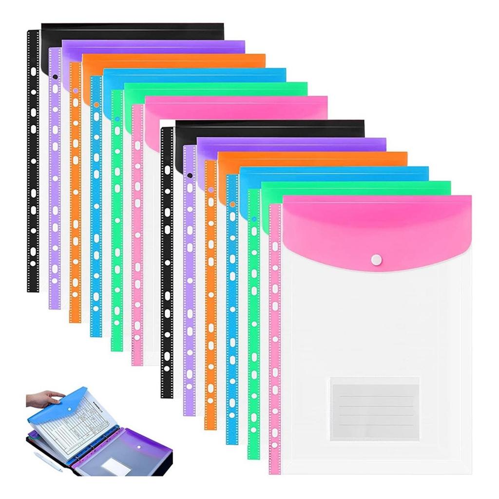 A4 Plastic Wallets, 12 Pack Expandable Document Files with Button for School, Office, Home, Travel